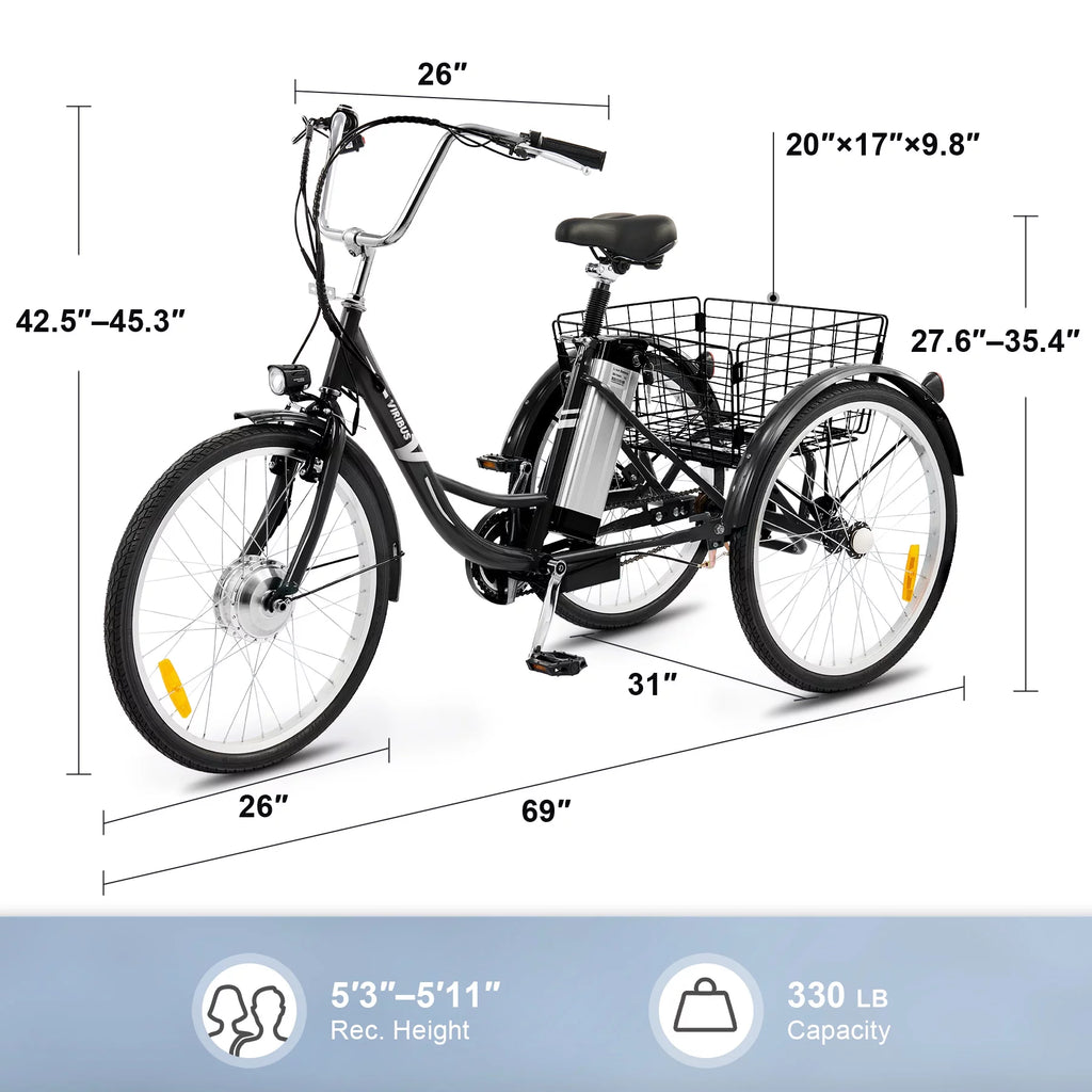 250W 26" 3 Wheel Electric Tricycle Black Y5162