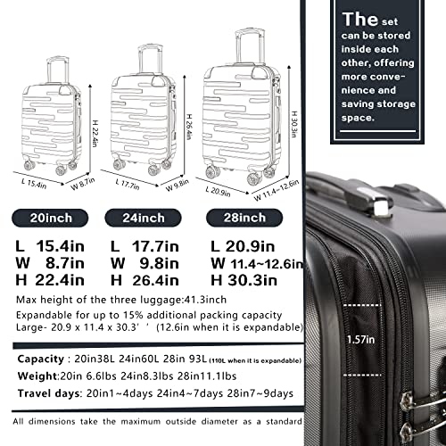 3 Piece Expandable Suitcase Set with TSA Lock Spinner 20in 24in 28in Purple C6728