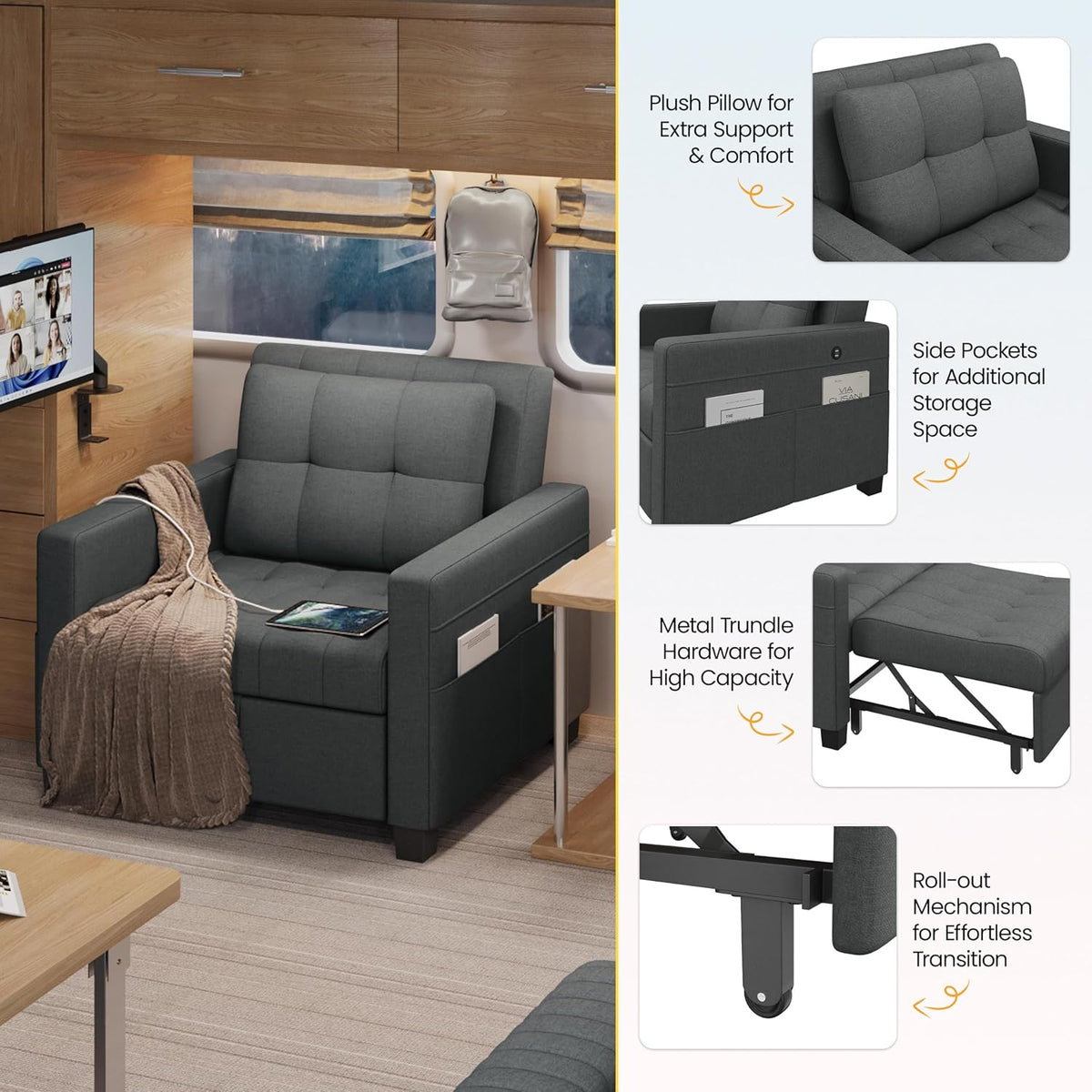 Dark Gray Fabric Convertible Futon Sofa Chair T527300
