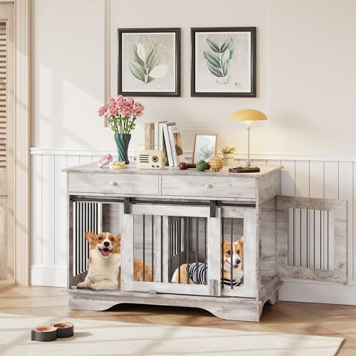47" Grey Dog Crate Furniture with 2 Storage Draws U140411