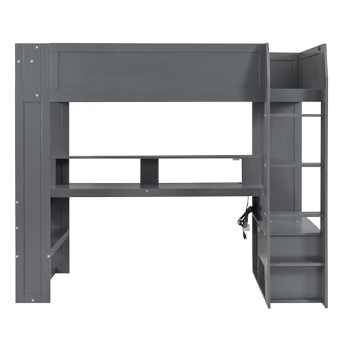 Dark Gray Wood Twin Size Gaming Loft Bed with Desk and Shelves H44301