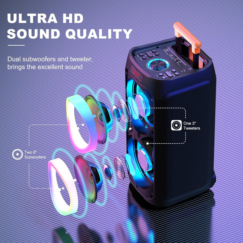 Karaoke Machine with 2 Wireless Microphones, 8" Bluetooth Party Speaker with DJ Light, Rolling Wheels and Trolley P1632