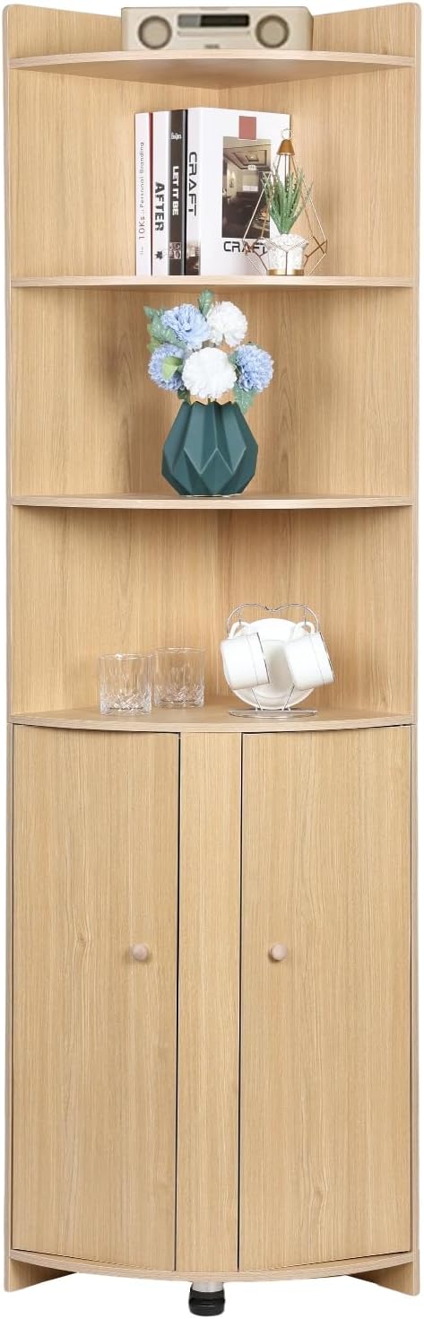 Tall Bathroom Corner Cabinet with Barn Door Design & Open Shelves M82186