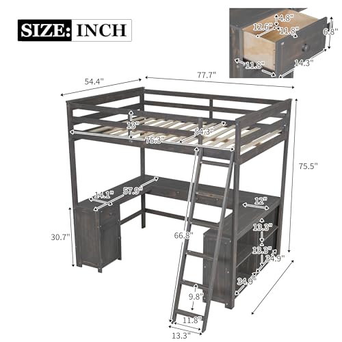Full Size Solid Wood Loft Bed with Desk and Storage Drawers (White) H419763