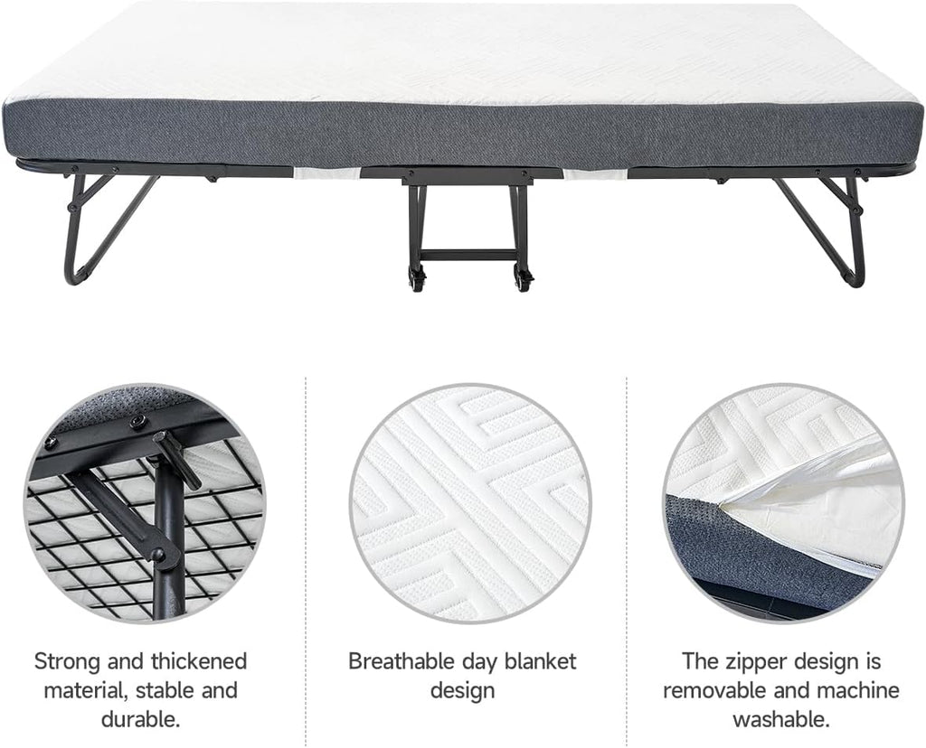 Folding Bed with 5.2" Thick Memory Foam Mattress, 79 * 35inch, Metal Folding Frame M845