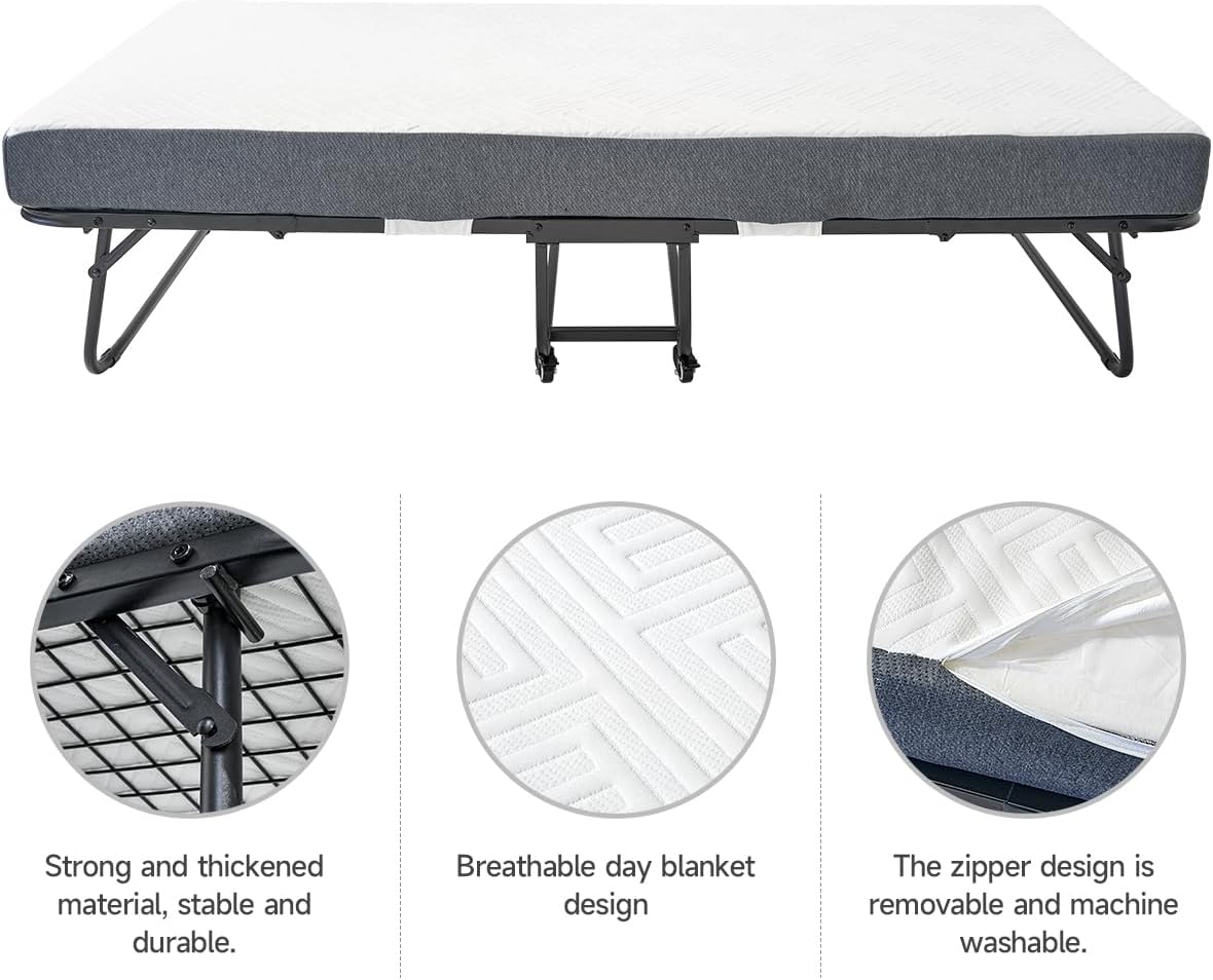 Folding Bed with 5.2" Thick Memory Foam Mattress, 79 * 35inch, Metal Folding Frame M845