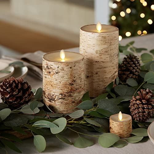 Flameless Candle Pillar with Real Birch Bark Moving Flame LED Battery Operated Lights Unscented (3.5 x 4.5-inch) U830