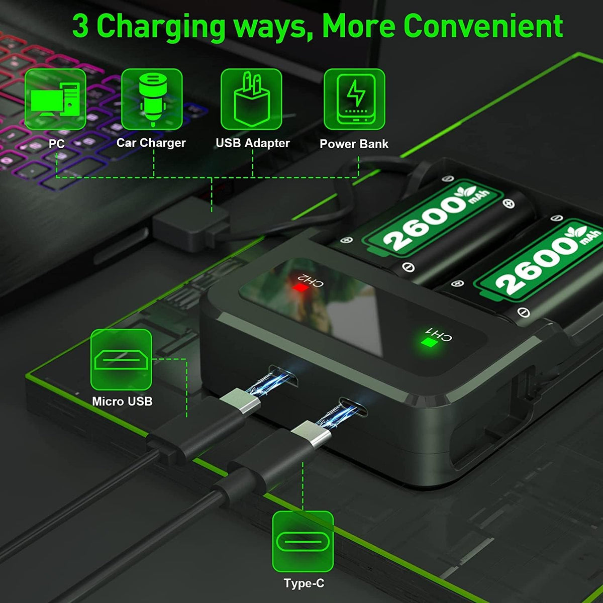 2x2600mAh Controller Battery Pack with Charger Station for Xbox K12502
