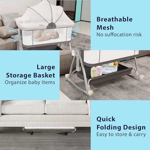 Baby Bassinet Bedside Sleeper, 3 in 1 Rocking Bassinet with Wheels, Adjustable Height, Storage, Mattress & Canopy Q304