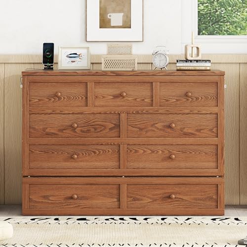 Queen Size Walnut Cabinet Murphy Bed with Drawer V4040