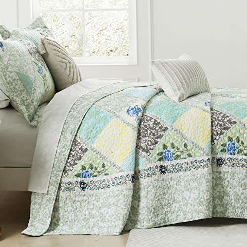 Blue Grey 100% Cotton Queen Size 3-Pieces Quilt Bedding Set O789500
