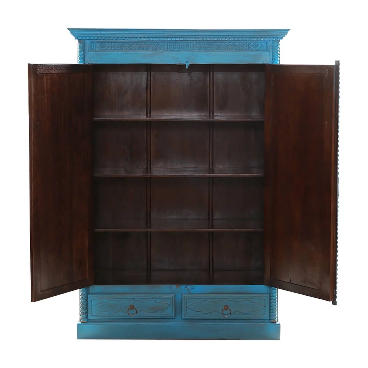 Turquoise Hand Carved Solid Wood 2 Drawer Armoire D853