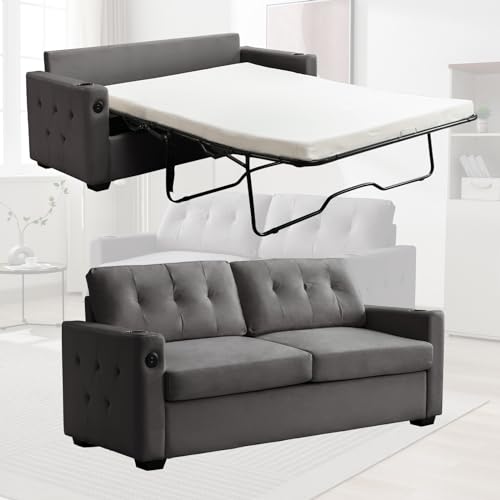 Beige Queen Pull Out Sofa Bed with Memory Foam Mattress N53835