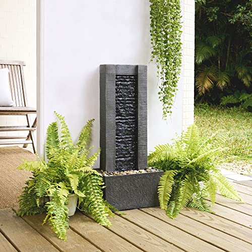Gray Water Fountain with LED Lights and Pebble Stones, 29.25 inch Tall P404