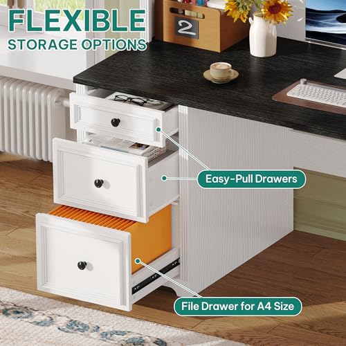 White & Black Executive Desk with Hutch and Drawers, Power Outlet & LED Lights, Storage Shelves, Storage Cabinet with Glass Door C7381