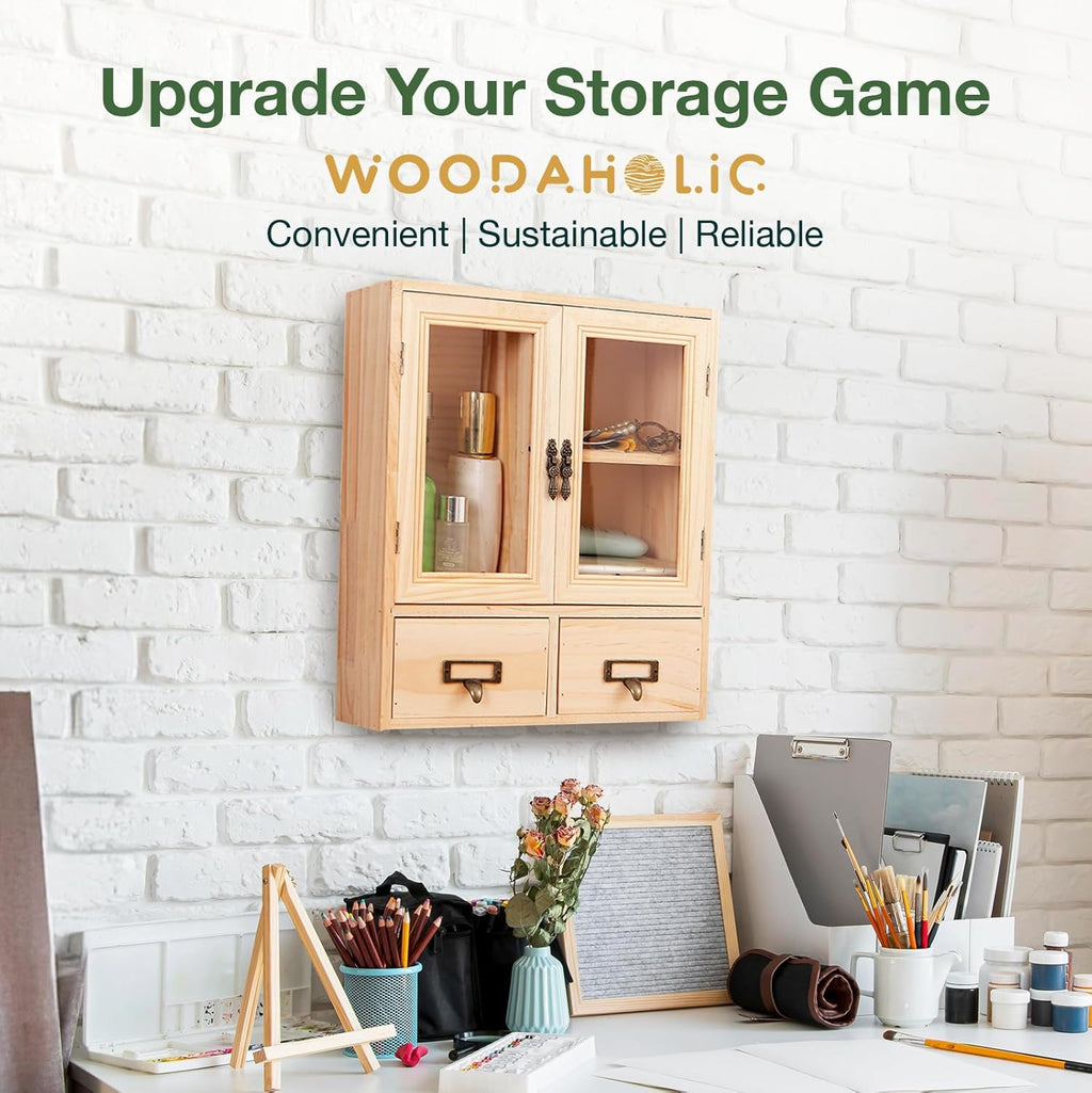 Mini Table Top Storage Cabinet with Clear Glass Doors, 2 Bottom Drawers, Light Wood Grain A117