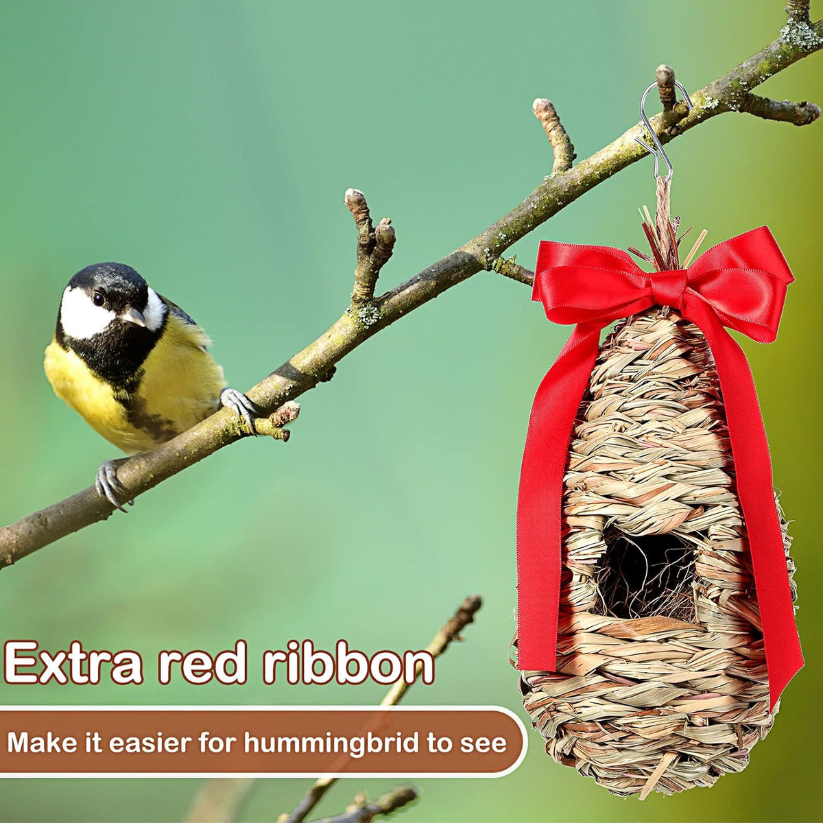 3 Pack Hummingbird Nest House with Coconut Fiber Nesting Material Red Ribbon Woven Nest H483769