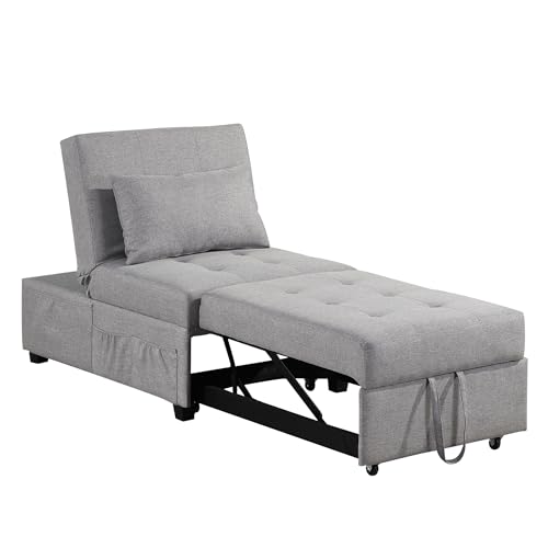 4 in 1 Convertible Linen Fabric Sleeper Chair Bed Ottoman with Adjustable Backrest & Pillow S54756