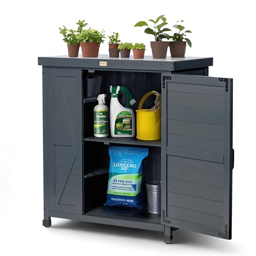 Outdoor Storage Cabinet with Metal Tabletop, 3 Adjustable Shelves E23316