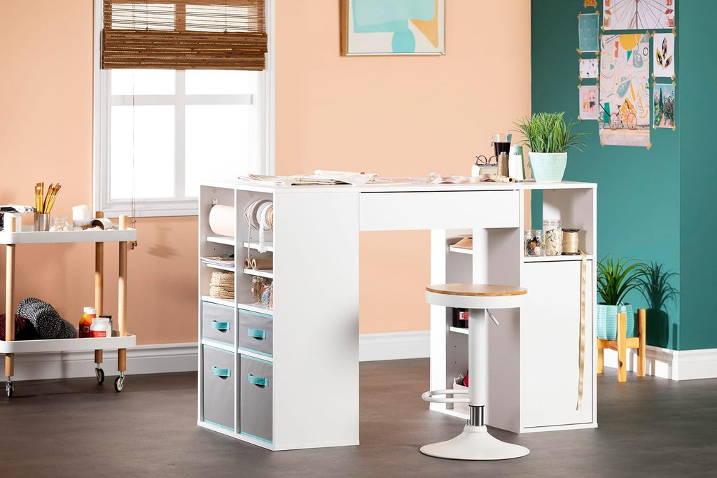 Pure White Counter-Height Craft Table with 4 baskets E428