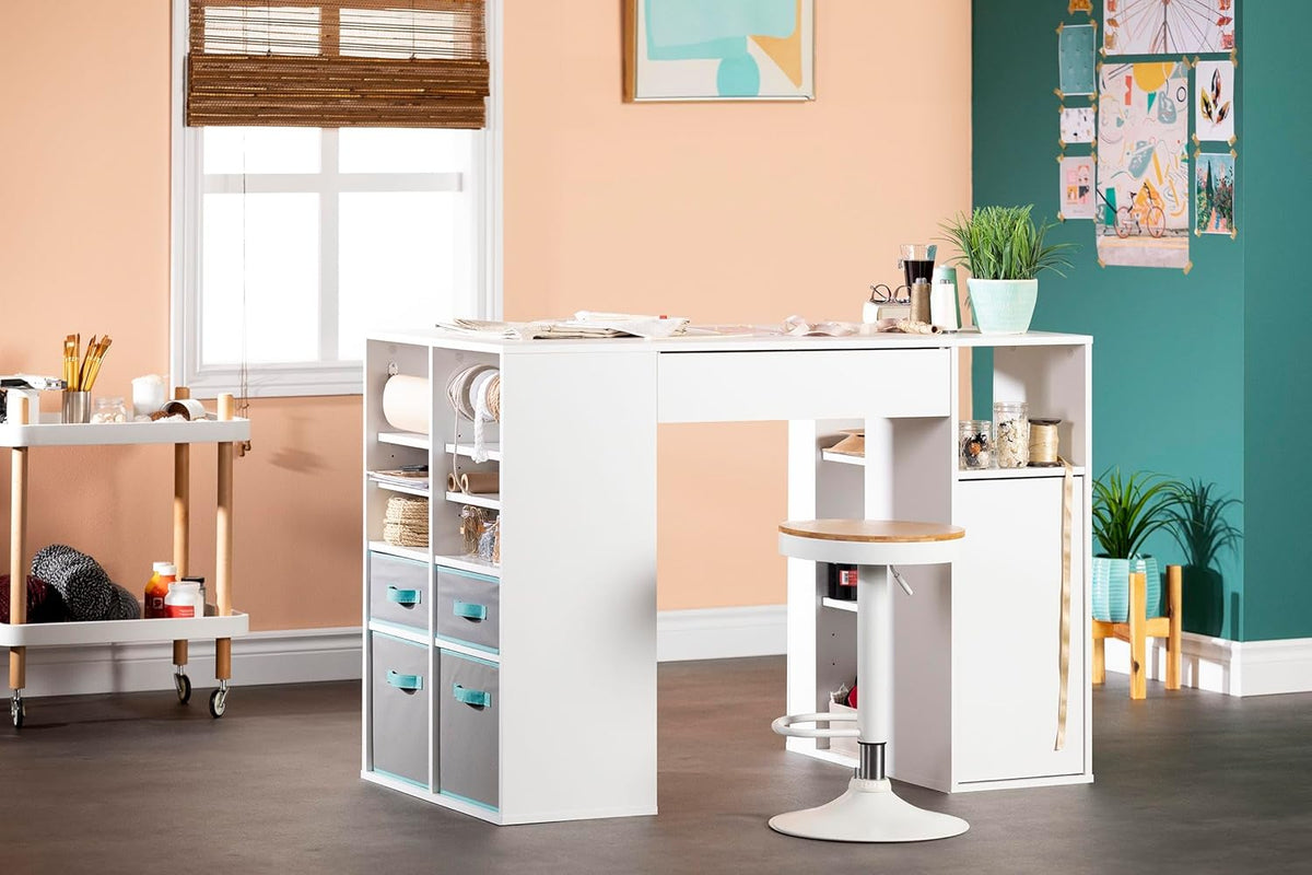 Pure White Counter-Height Craft Table with 4 baskets E428