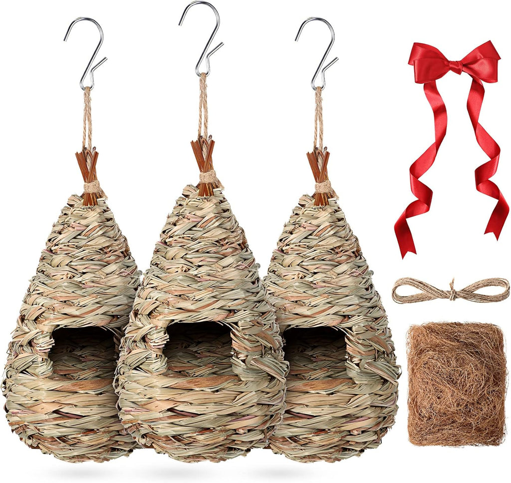 3 Pack Hummingbird Nest House with Coconut Fiber Nesting Material Red Ribbon Woven Nest H483769