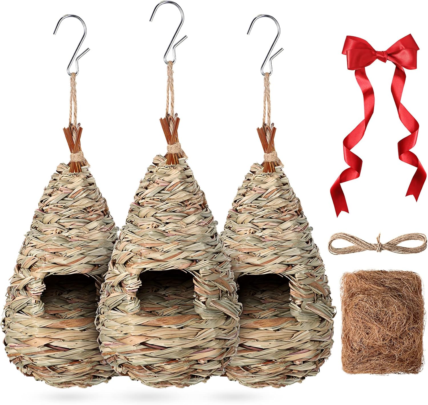 3 Pack Hummingbird Nest House with Coconut Fiber Nesting Material Red Ribbon Woven Nest H483769