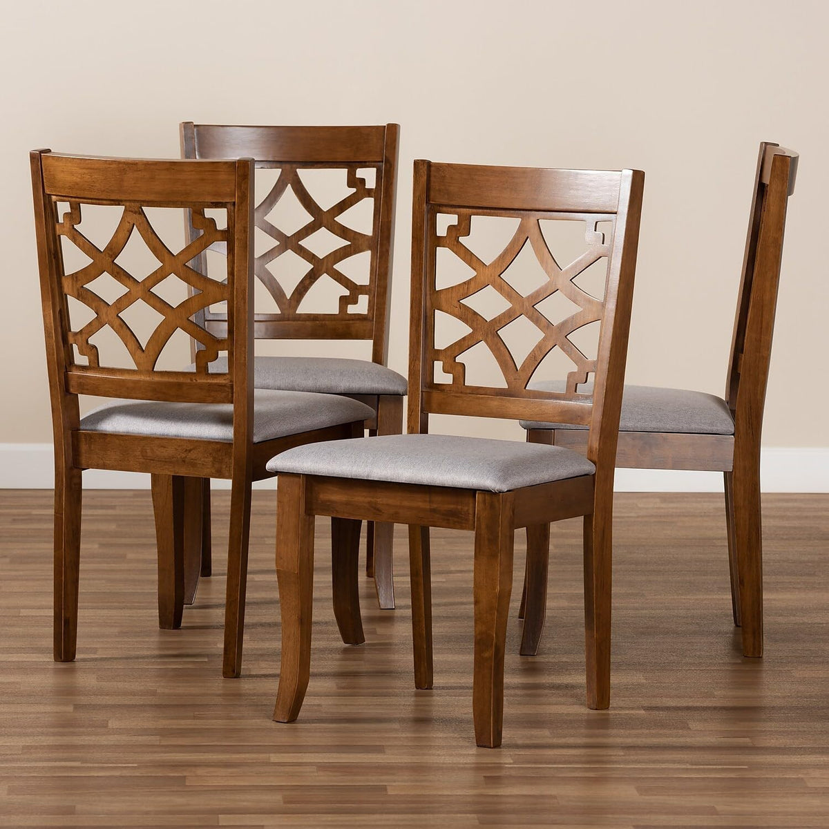 Grey Fabric Upholstered Walnut Brown Wood 4-Piece Dining Chair Set C312