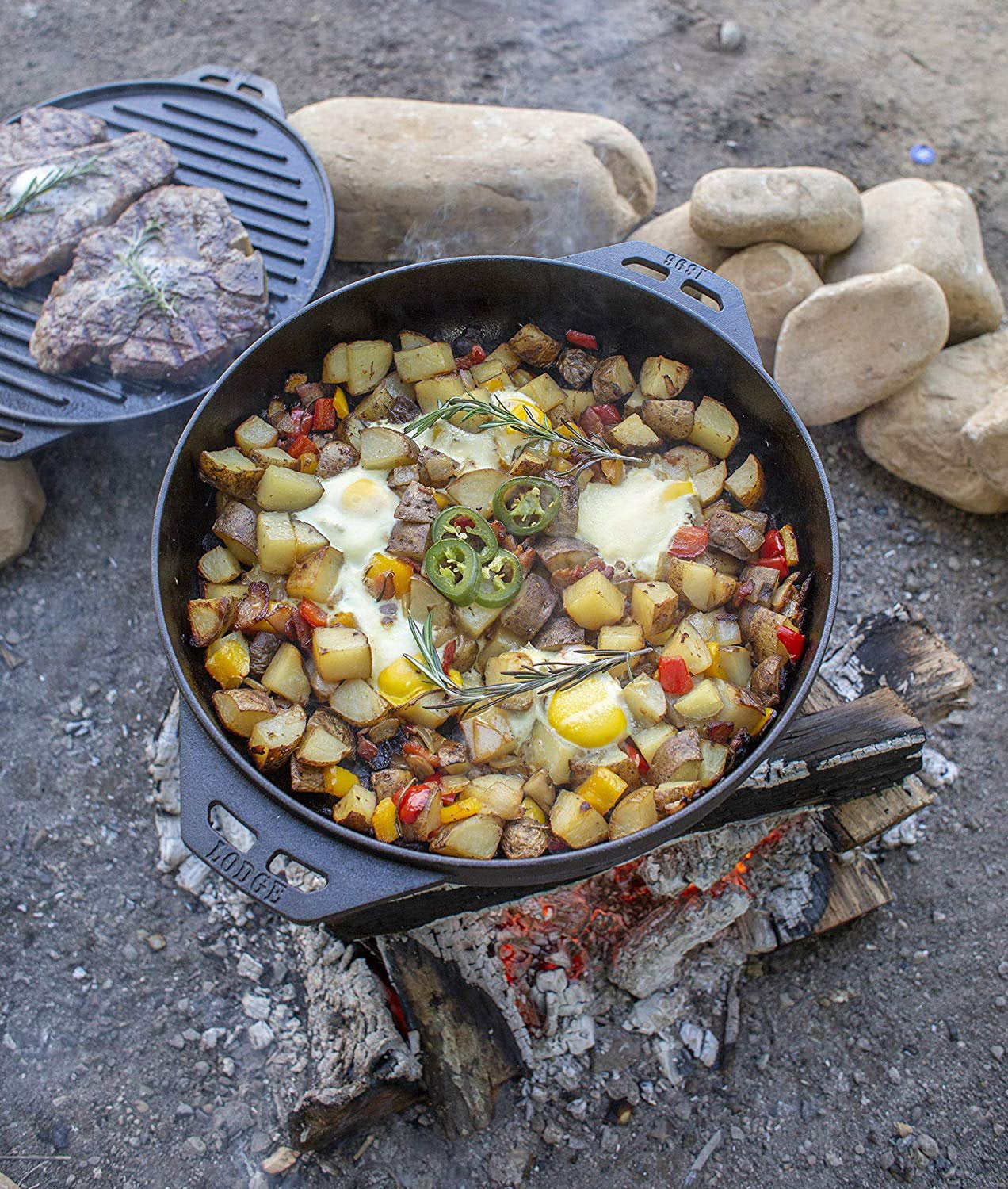 Five-Piece Cast Iron Set with Reversible Grill/Griddle 14 Inch and 6.8 Quart Bottom/Wok E638