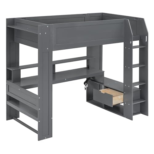 Dark Gray Wood Twin Size Gaming Loft Bed with Desk and Shelves H44301