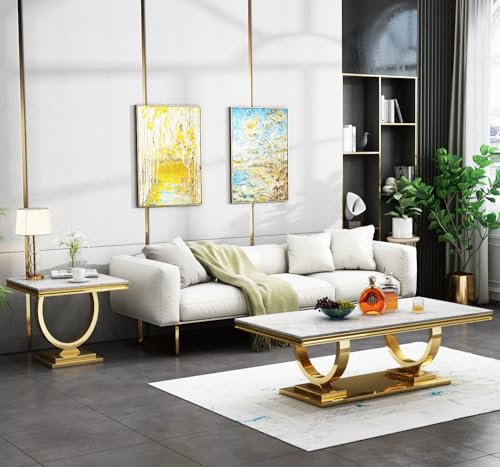 White Marble Coffee Table with Stainless Steel Pedestal C2593