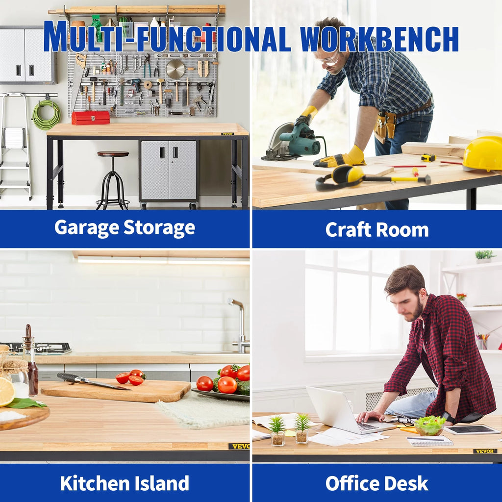Adjustable Height Workbench with Power Outlets and Hardwood Top F128