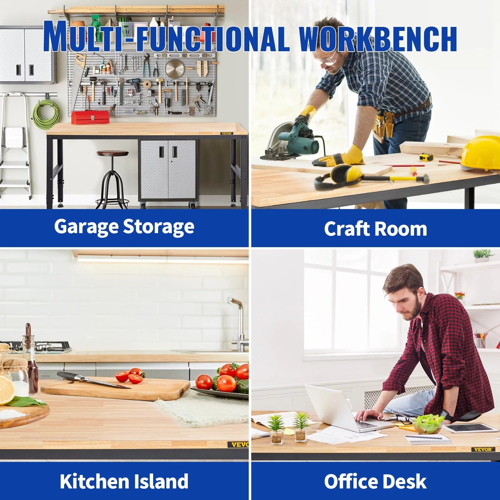 Adjustable Height Workbench with Power Outlets and Hardwood Top F128