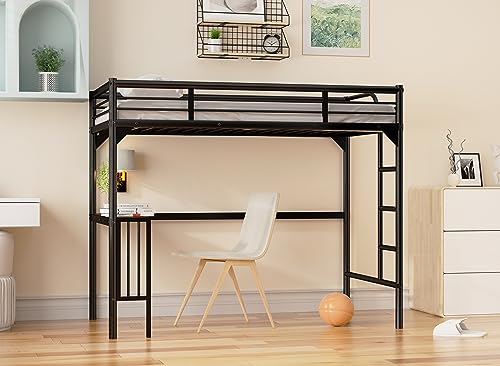 Black Metal Loft Bed Twin Size with Desk and Ladder S75955
