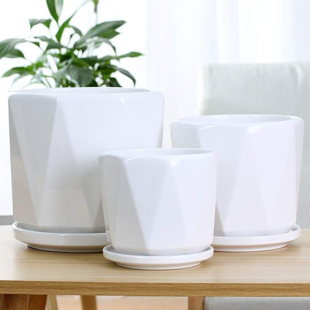 Set of 3 White Ceramic Plant Pots with Saucer Y9508