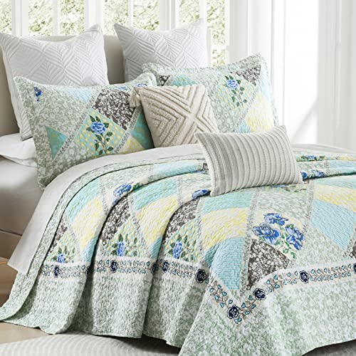 Blue Grey 100% Cotton Queen Size 3-Pieces Quilt Bedding Set O789500