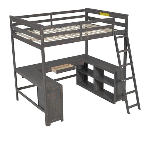 Full Size Solid Wood Loft Bed with Desk and Storage Drawers (White) H419763