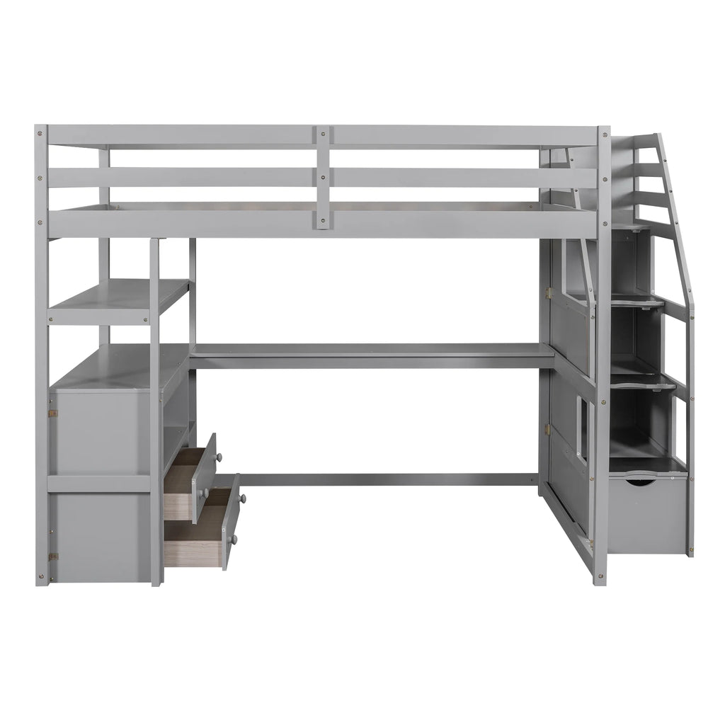 Full Wood Loft Bed with Desk, Storage Stairs, Two Drawers C833