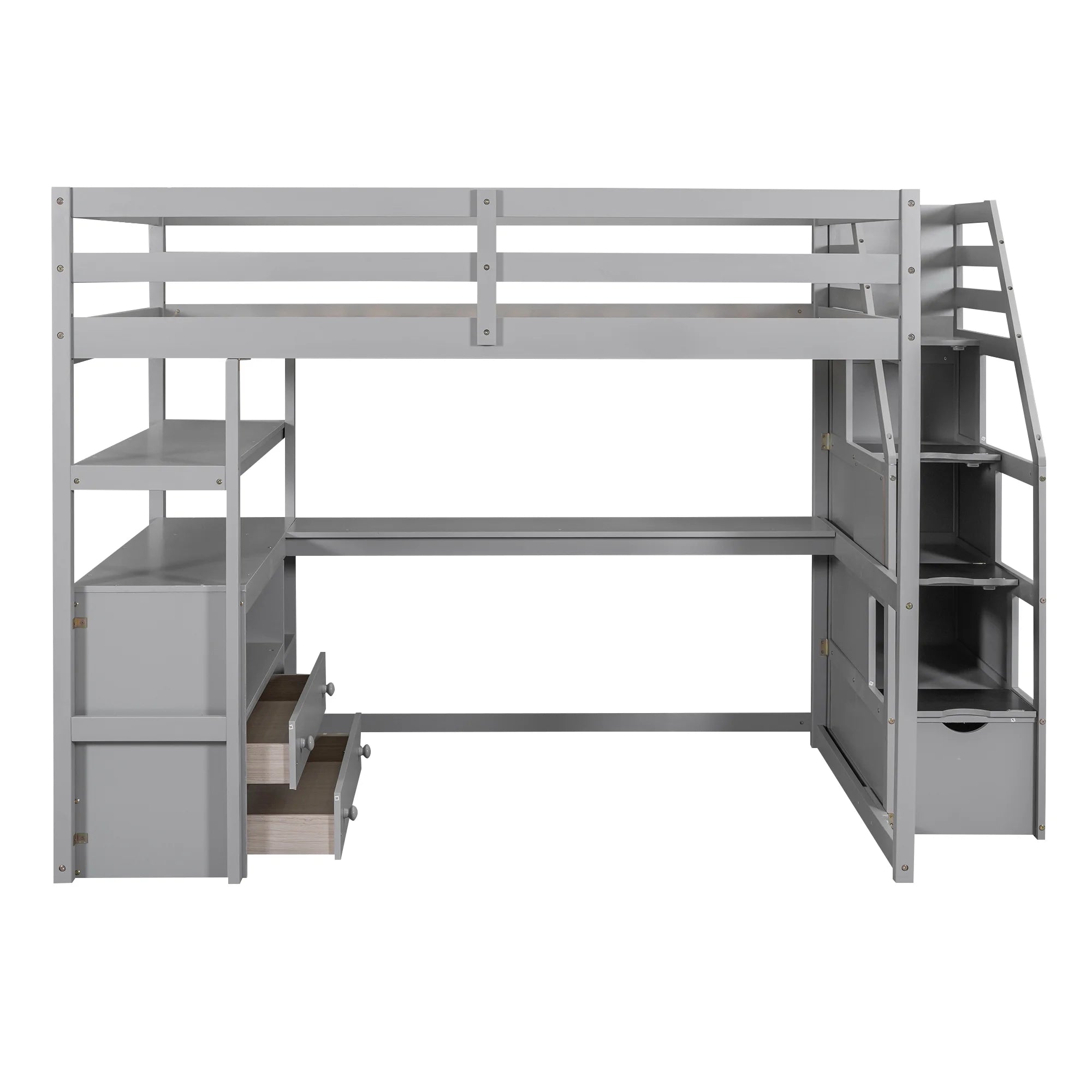 Full Wood Loft Bed with Desk, Storage Stairs, Two Drawers C833
