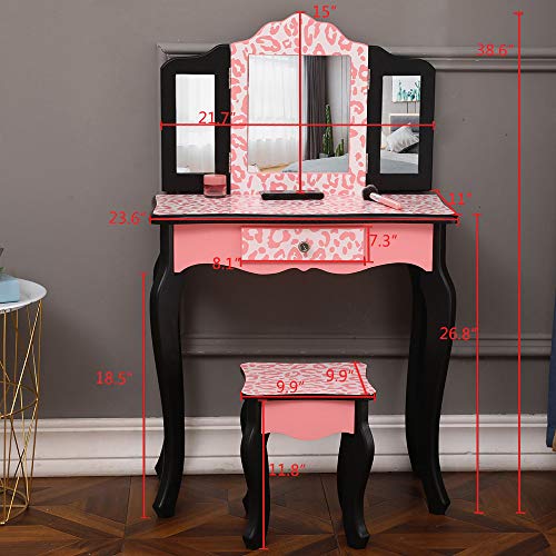 Pink Kids Vanity Table and Chair Set with Tri-Folding Mirror Y776