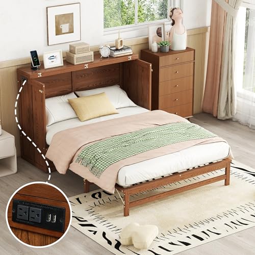Queen Size Walnut Cabinet Murphy Bed with Drawer V4040