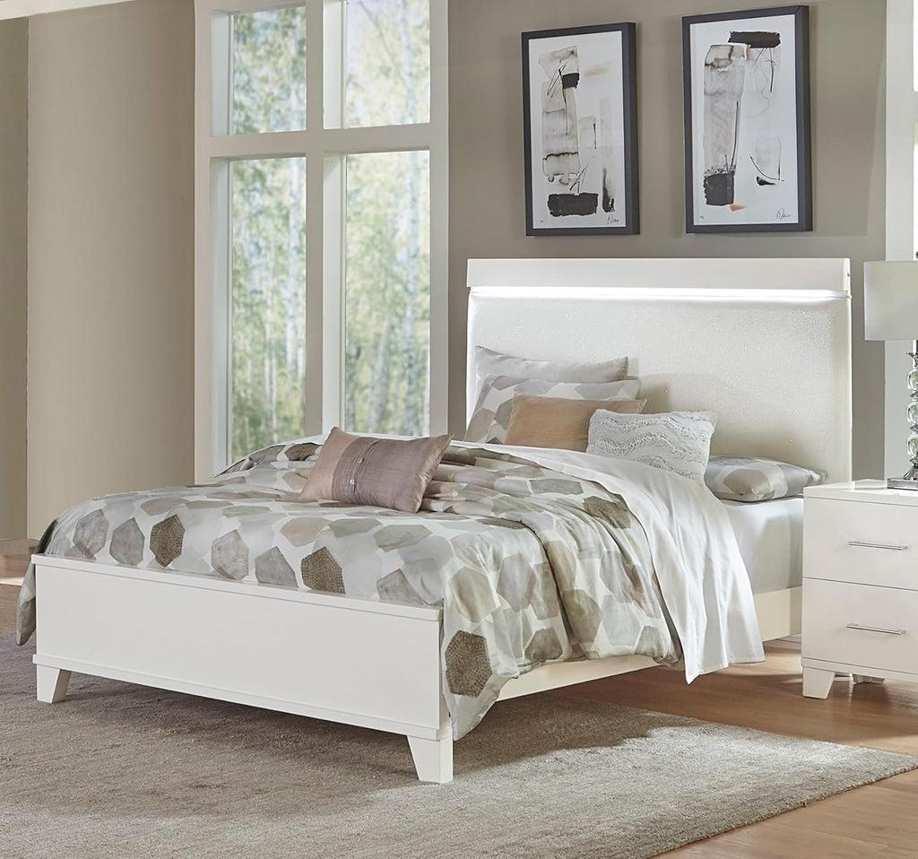 White High Gloss Finish Full Bed with Faux Leather Upholstered Headboard N981296