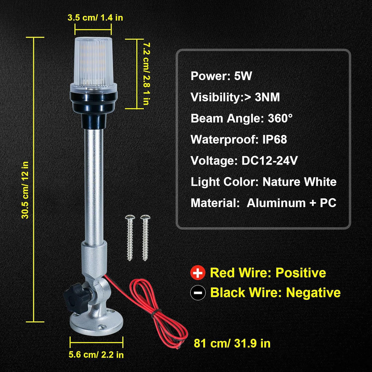 12 Inch LED Fold Down Boat Anchor Light Navigation Lamp Waterproof P8364