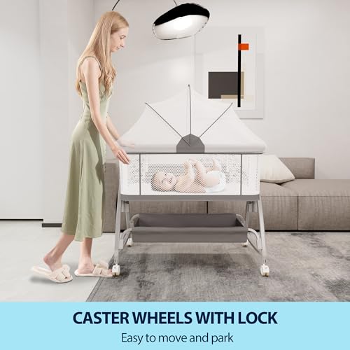 Baby Bassinet Bedside Sleeper, 3 in 1 Rocking Bassinet with Wheels, Adjustable Height, Storage, Mattress & Canopy Q304