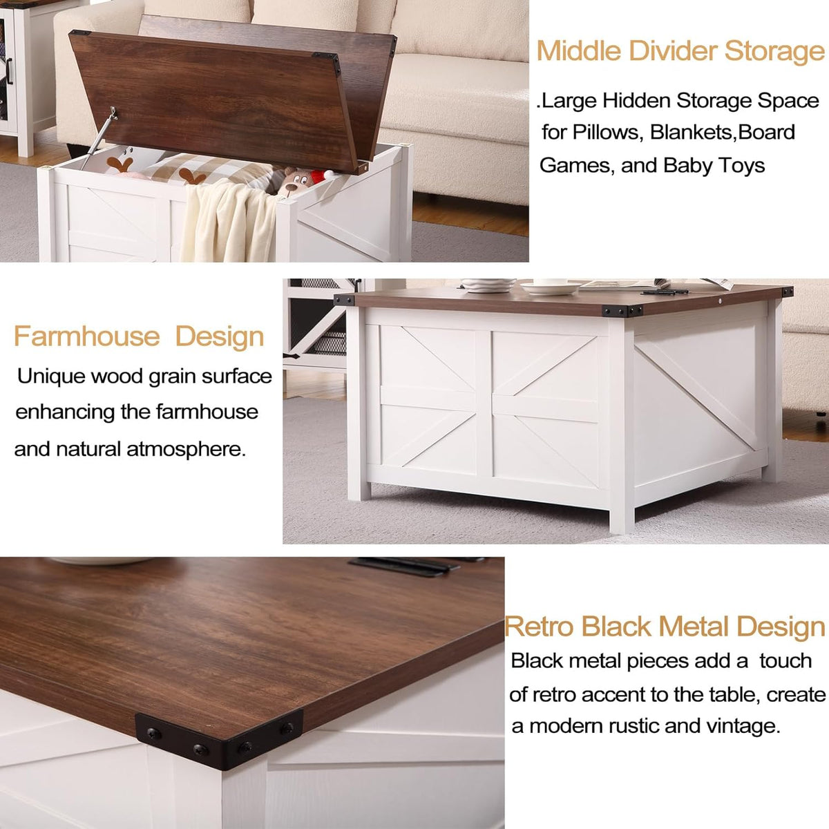 Farmhouse Square Coffee Table with Large Hidden Storage Compartment F5719
