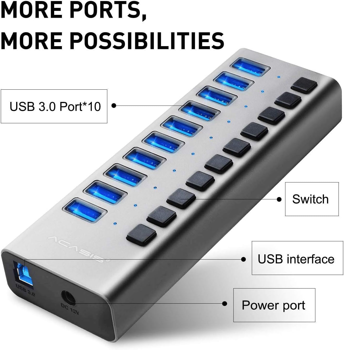 10 Ports 48W USB 3.0 Data Hub with Individual On/Off Switches and 12V/4A Power Adapter G994