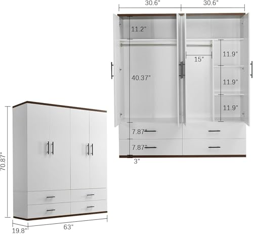 White 4 Door Wood Armoire Wardrobe with 2 Hanging Rods and 2 Drawers F92766