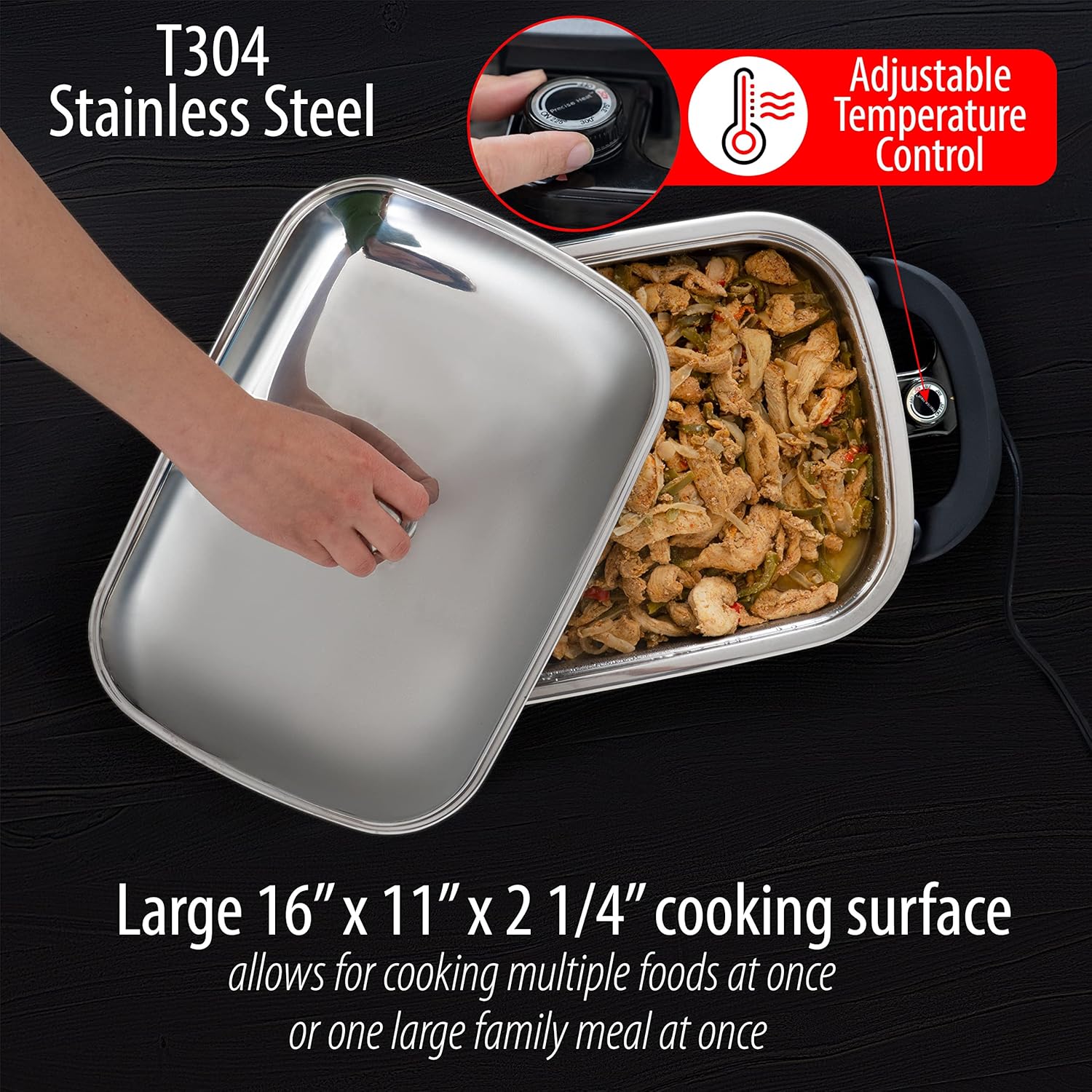 16-Inch Rectangular Stainless Steel Electric Skillet with Lid B873