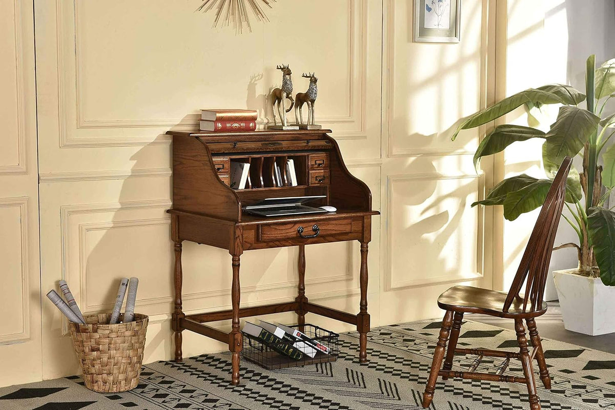 Mini Roll Top Desk Solid Oak Wood Burnished Walnut Finish J6167