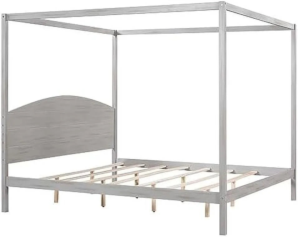 White Queen Size 4-Poster Wood Canopy Bed Frame with Headboard D949020